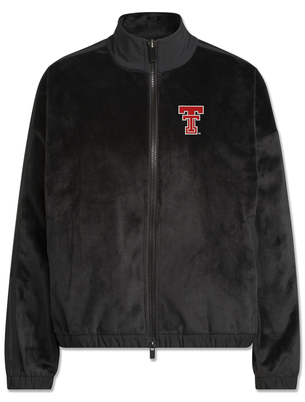 Black Adidas women's velvet bomber jacket with a stand collar, full zip and red throwback Double T on the left chest