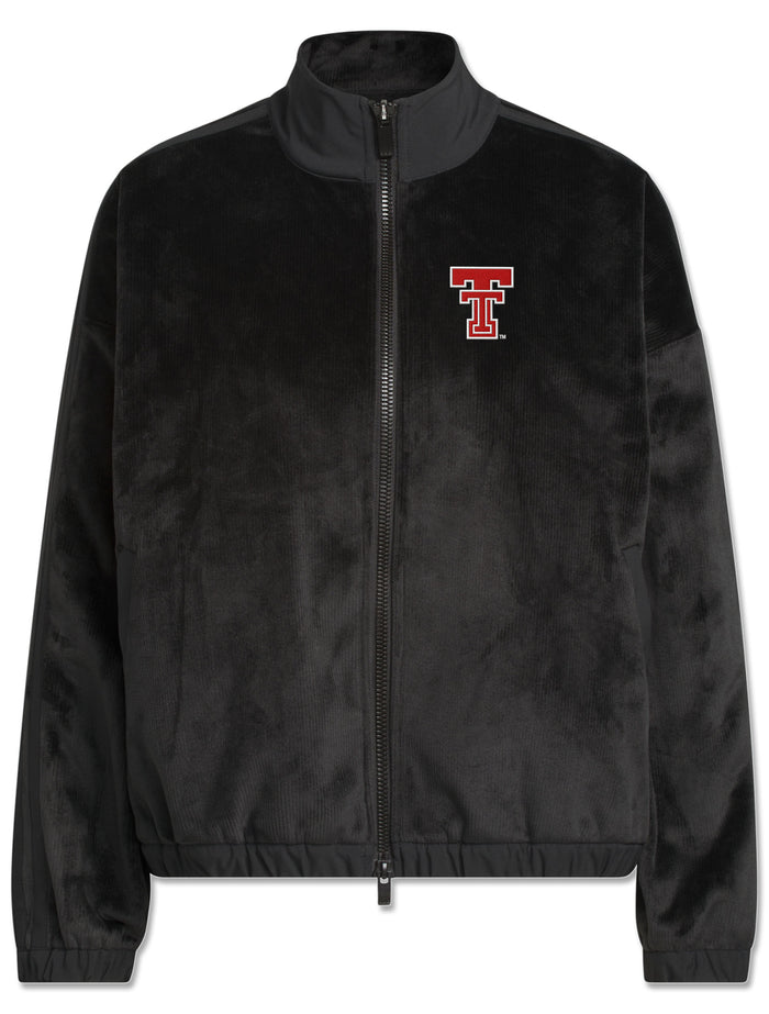 Black Adidas women's velvet bomber jacket with a stand collar, full zip and red throwback Double T on the left chest