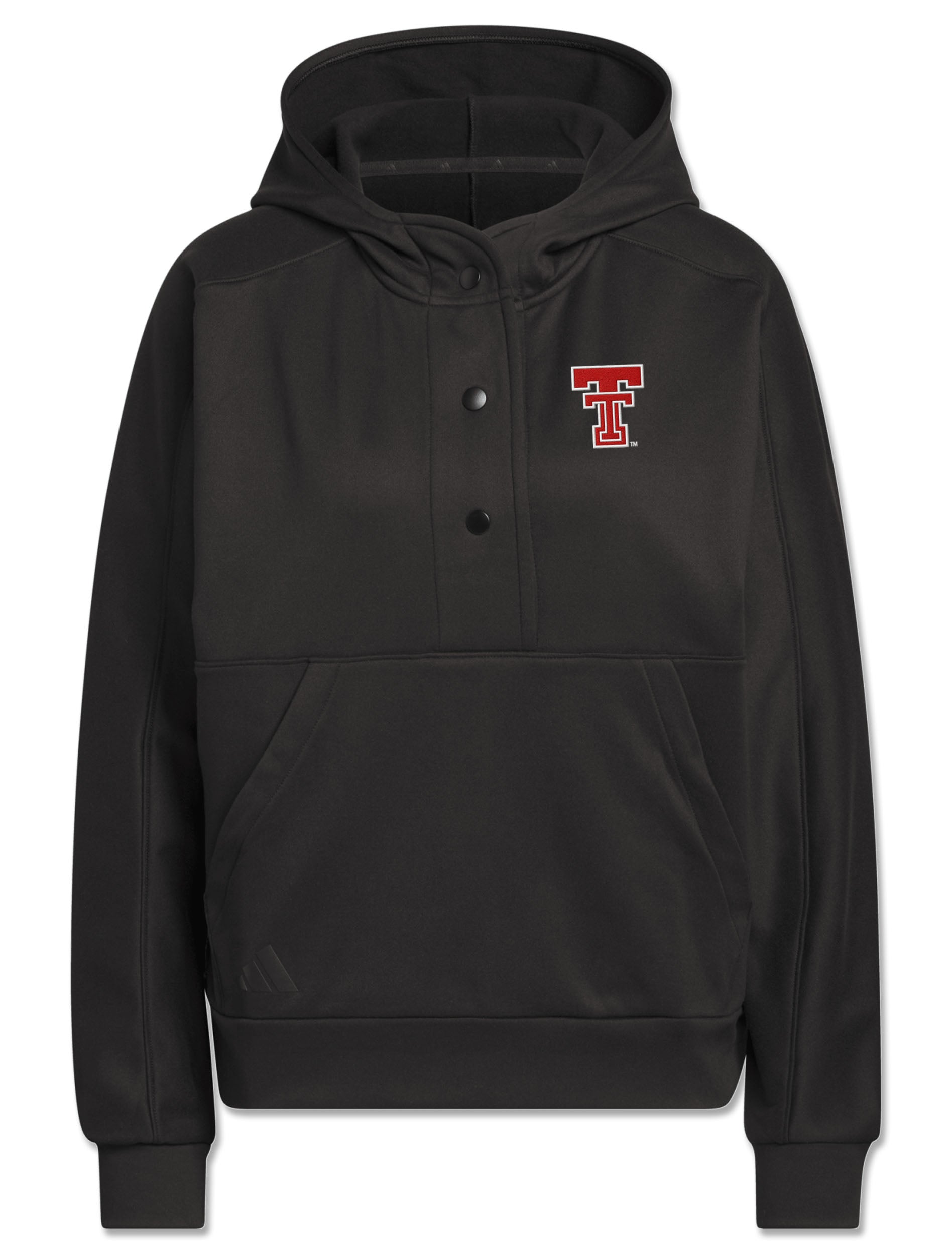Black Adidas women's golf hoodie with a snap placket, kangaroo pocket and red throwback Double T on the left chest