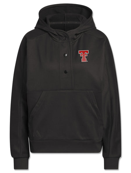 Black Adidas women's golf hoodie with a snap placket, kangaroo pocket and red throwback Double T on the left chest