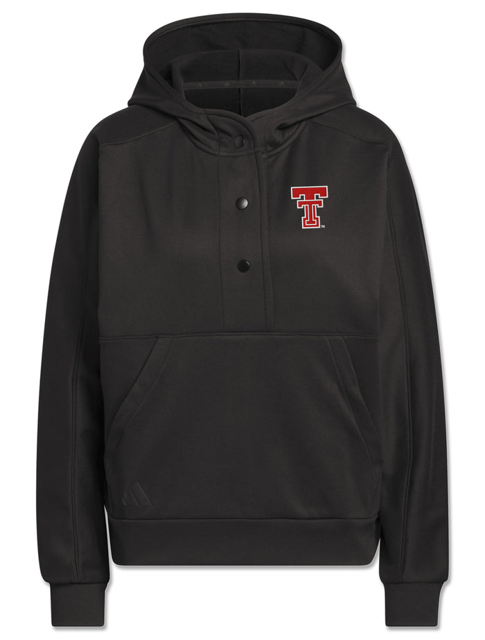 Black Adidas women's golf hoodie with a snap placket, kangaroo pocket and red throwback Double T on the left chest