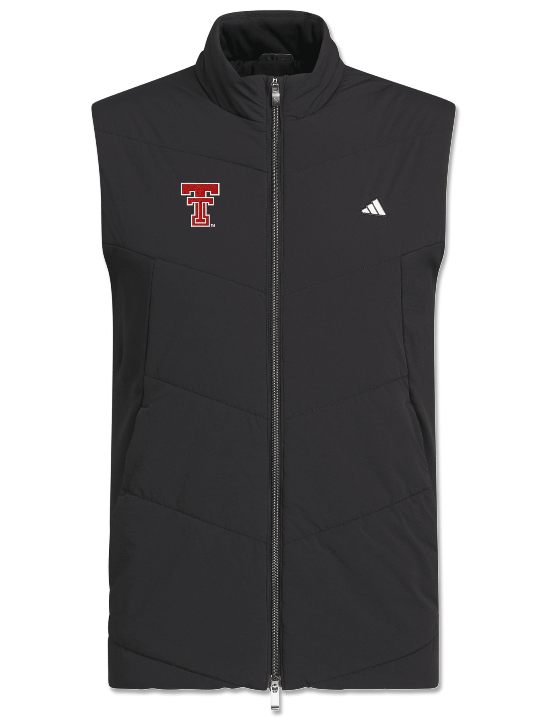 Black Adidas quilted golf vest with a red throwback Double T on the right chest and a white Adidas logo on the left