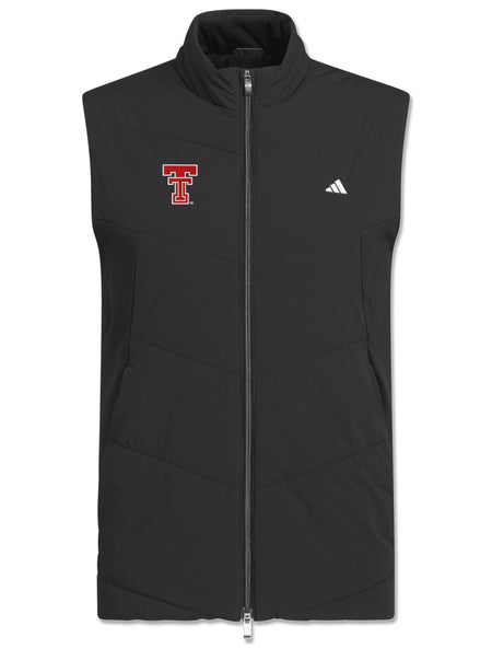 Black Adidas quilted golf vest with a red throwback Double T on the right chest and a white Adidas logo on the left