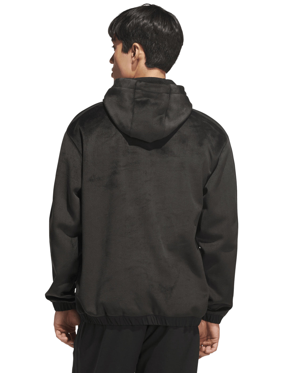 Model wearing the black Adidas Lido plush quarter-zip golf hood, back view