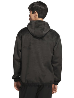 Model wearing the black Adidas Lido plush quarter-zip golf hood, back view