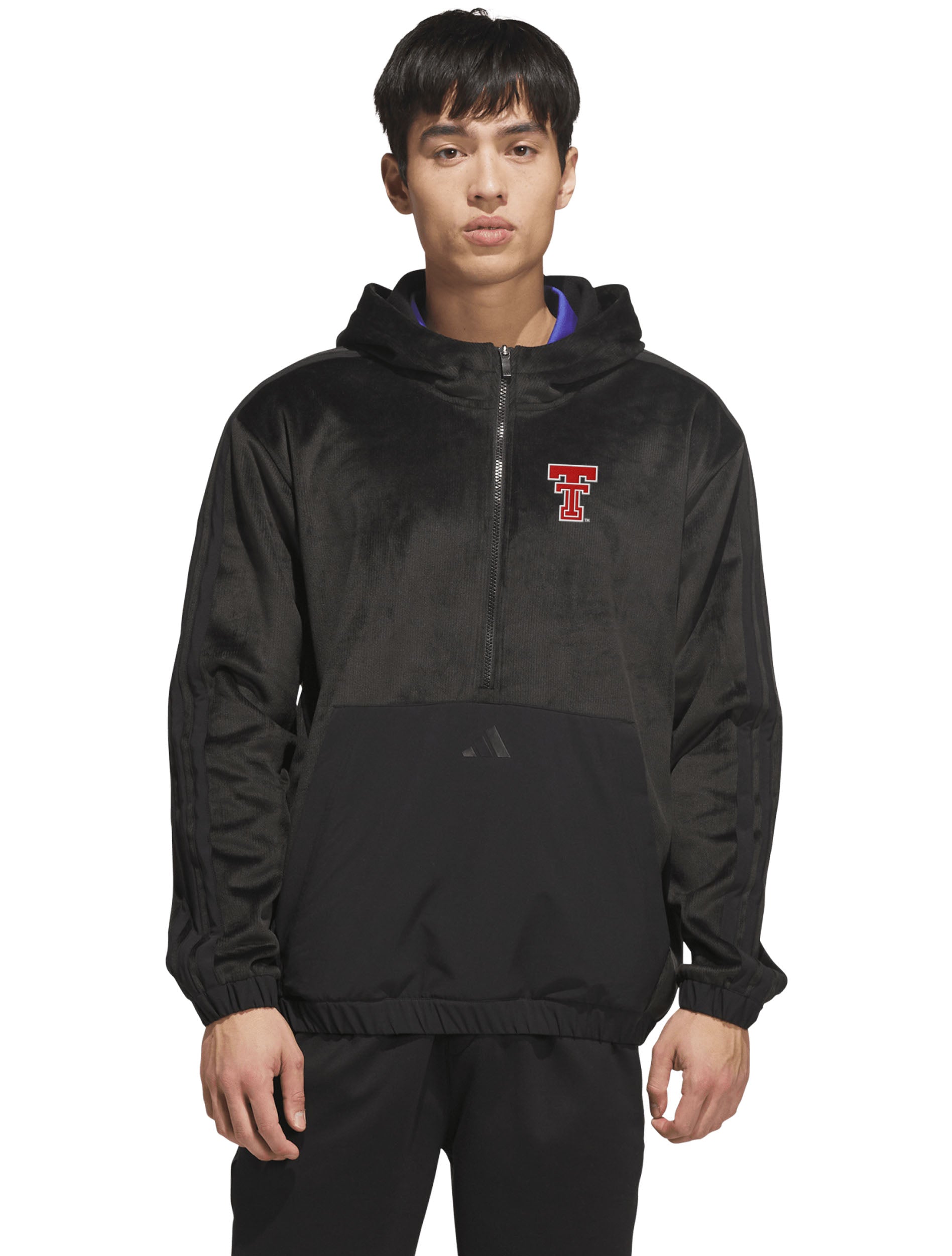 Model wearing the black Adidas Lido plush quarter-zip golf hood, front view