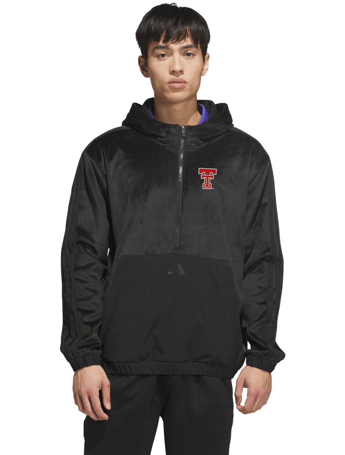 Model wearing the black Adidas Lido plush quarter-zip golf hood, front view