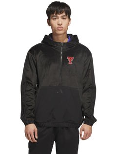 Model wearing the black Adidas Lido plush quarter-zip golf hood, front view