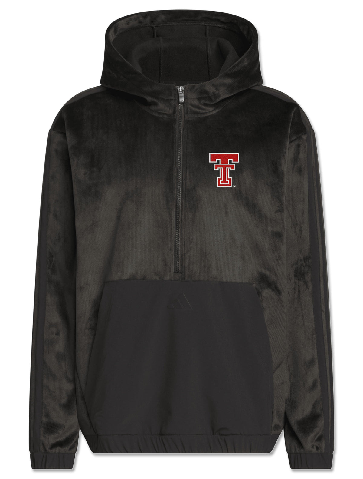 Black Adidas Lido plush velour quarter-zip golf hood with a woven front pocket panel and red throwback Double T on the left chest