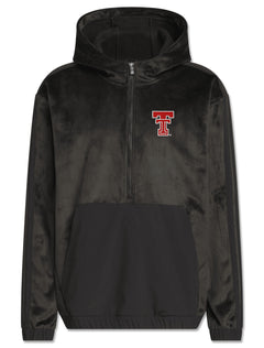 Black Adidas Lido plush velour quarter-zip golf hood with a woven front pocket panel and red throwback Double T on the left chest