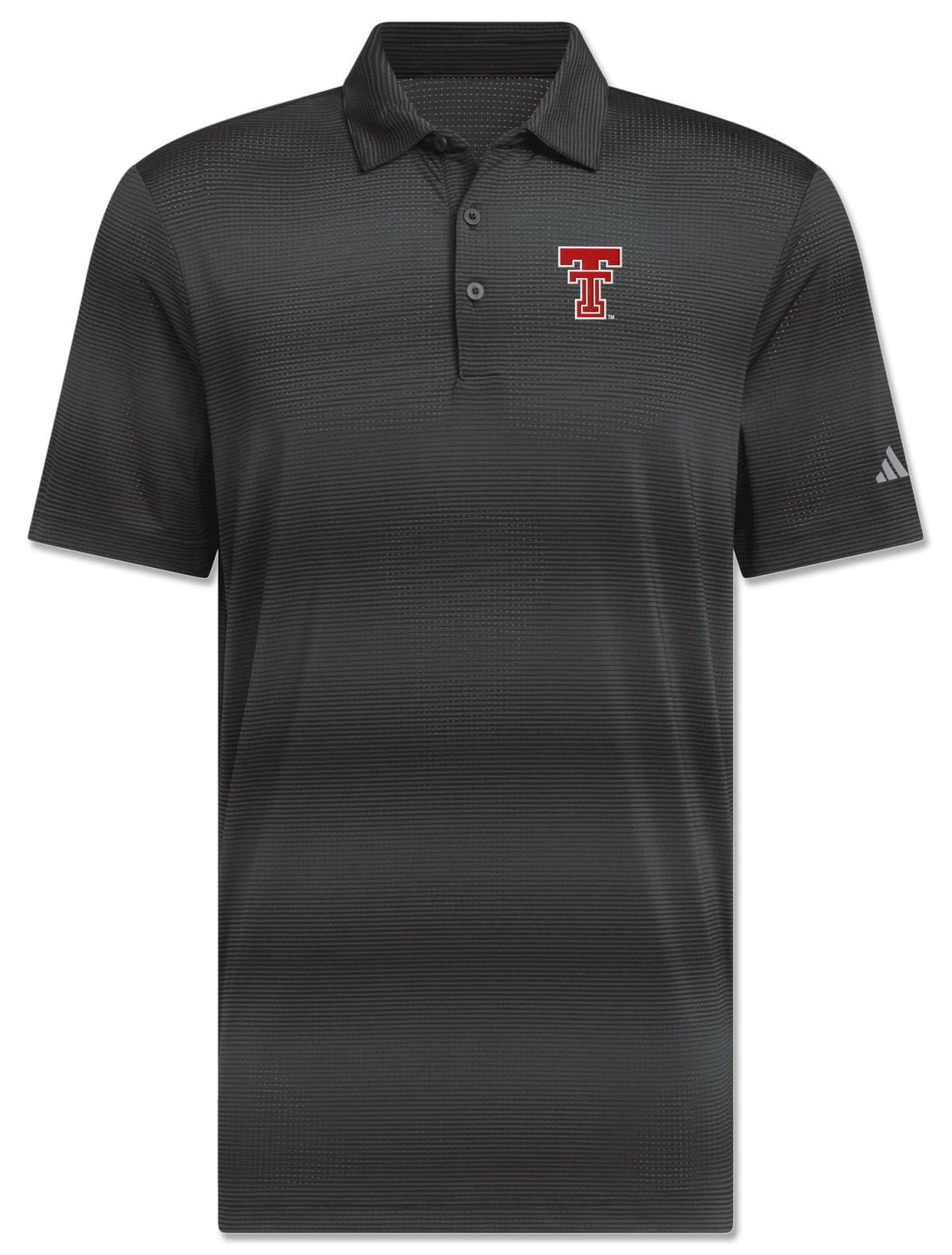 Adidas Texas Tech golf polo in black with a tonal charcoal pinstripe print, red throwback Double T on the left chest and grey Adidas logo on the left sleeve
