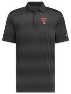 Adidas Texas Tech golf polo in black with a tonal charcoal pinstripe print, red throwback Double T on the left chest and grey Adidas logo on the left sleeve