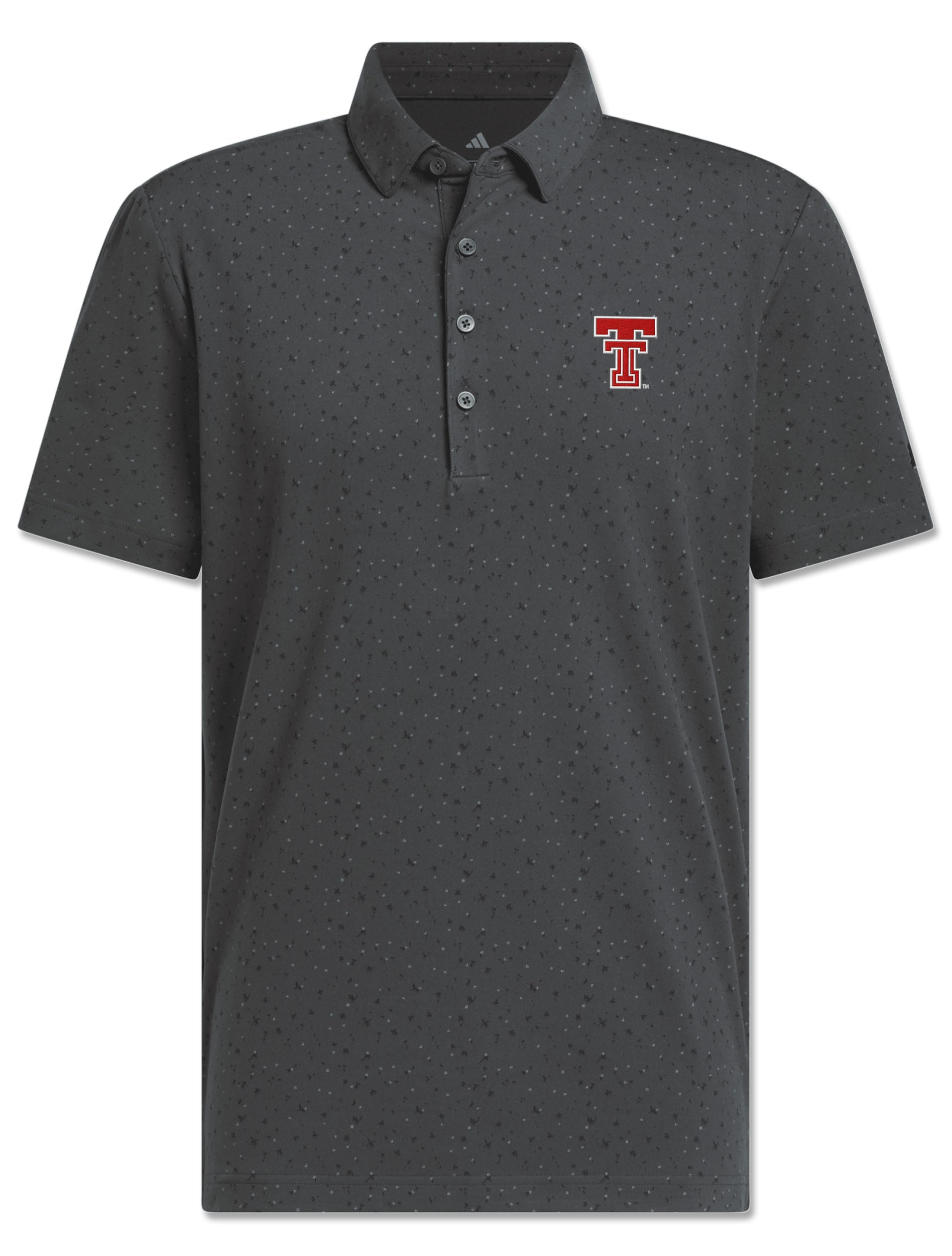 Charcoal Texas Tech golf polo with a tonal tossed micro print, a three button placket, and the Double T embroidered in red and white at the left chest