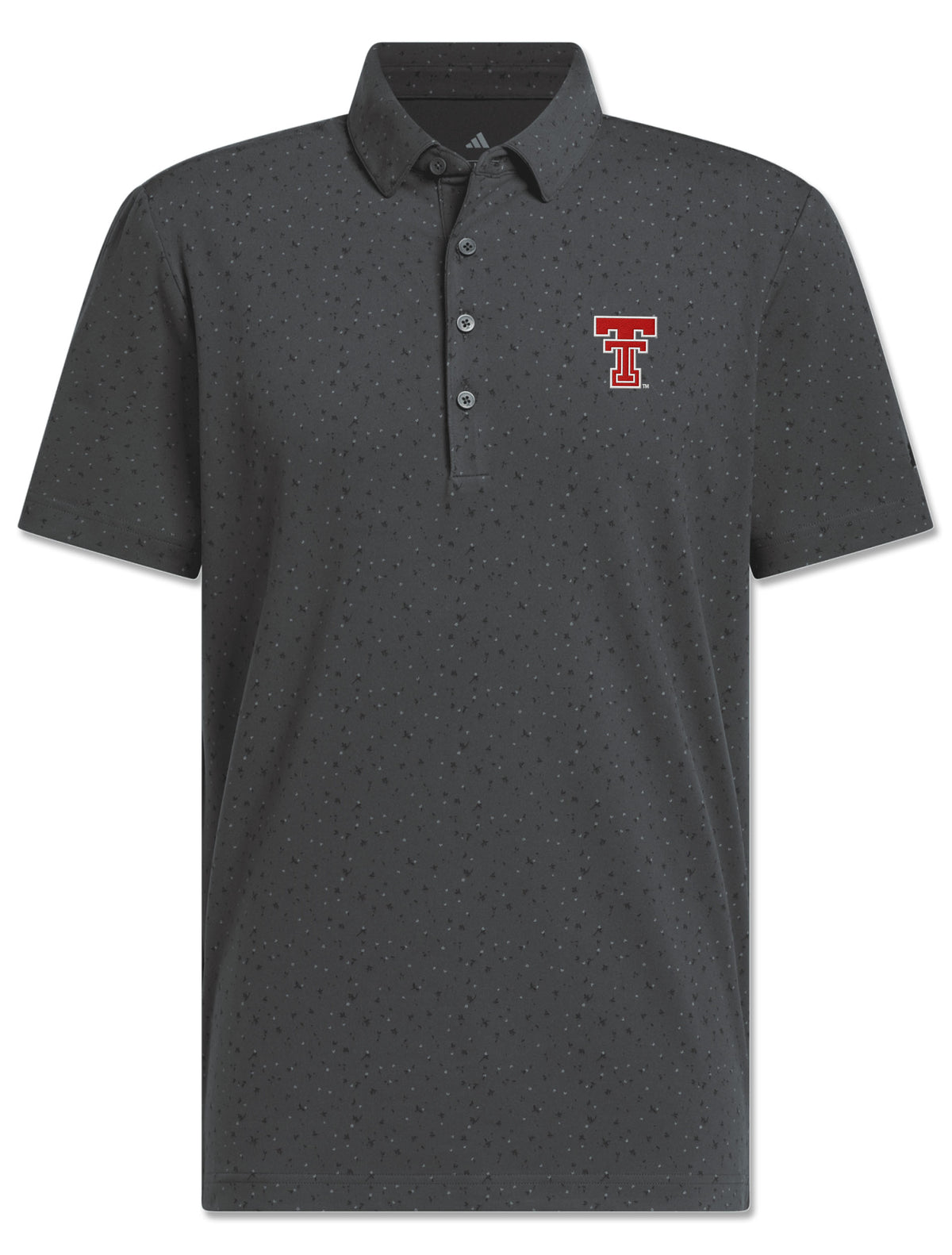 Charcoal Texas Tech golf polo with a tonal tossed micro print, a three button placket, and the Double T embroidered in red and white at the left chest