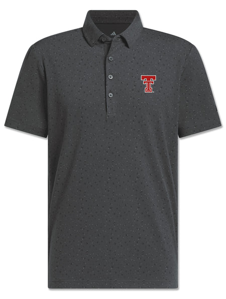 Charcoal Texas Tech golf polo with a tonal tossed micro print, a three button placket, and the Double T embroidered in red and white at the left chest