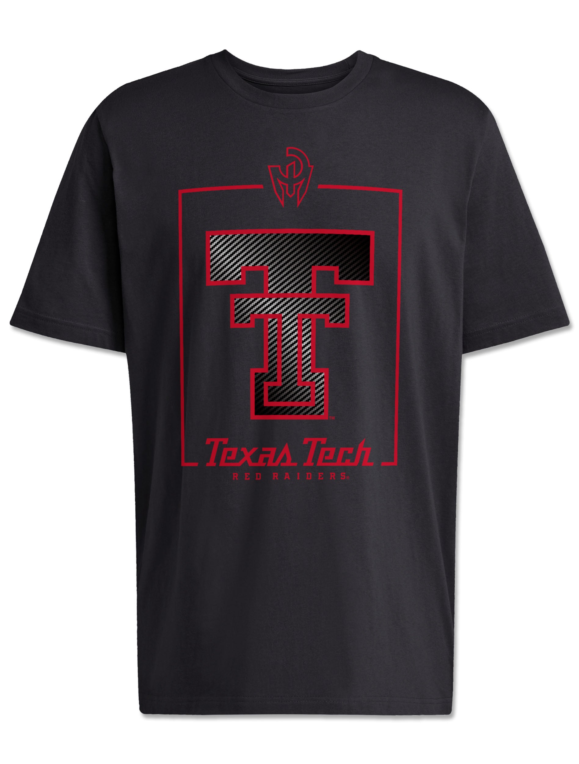 Front of the black Texas Tech t-shirt with a carbon textured Double T inside a red frame, the Mahomes Gladiator logo at the top, and Texas Tech in red script beneath