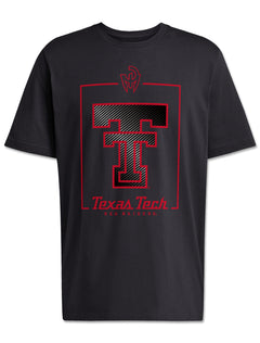 Front of the black Texas Tech t-shirt with a carbon textured Double T inside a red frame, the Mahomes Gladiator logo at the top, and Texas Tech in red script beneath