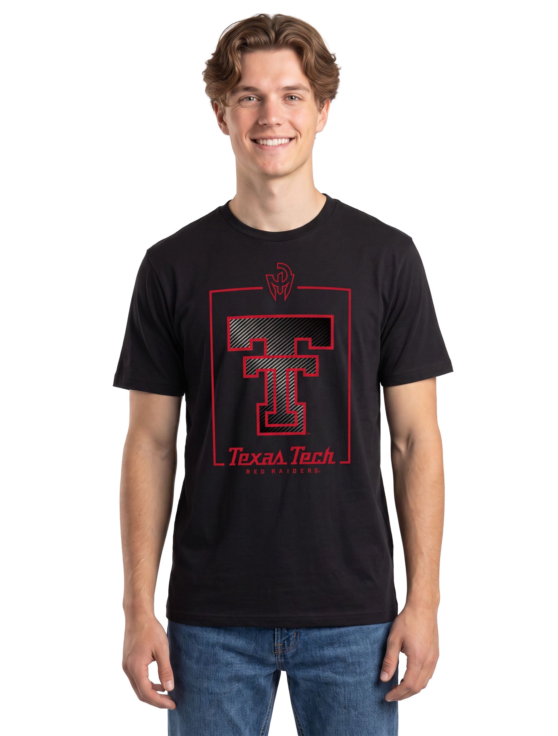 Model wearing the black Texas Tech t-shirt with the carbon textured Double T inside a red frame, styled with denim