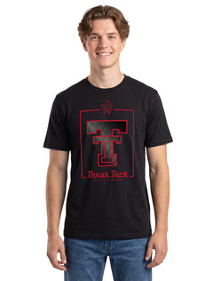 Model wearing the black Texas Tech t-shirt with the carbon textured Double T inside a red frame, styled with denim