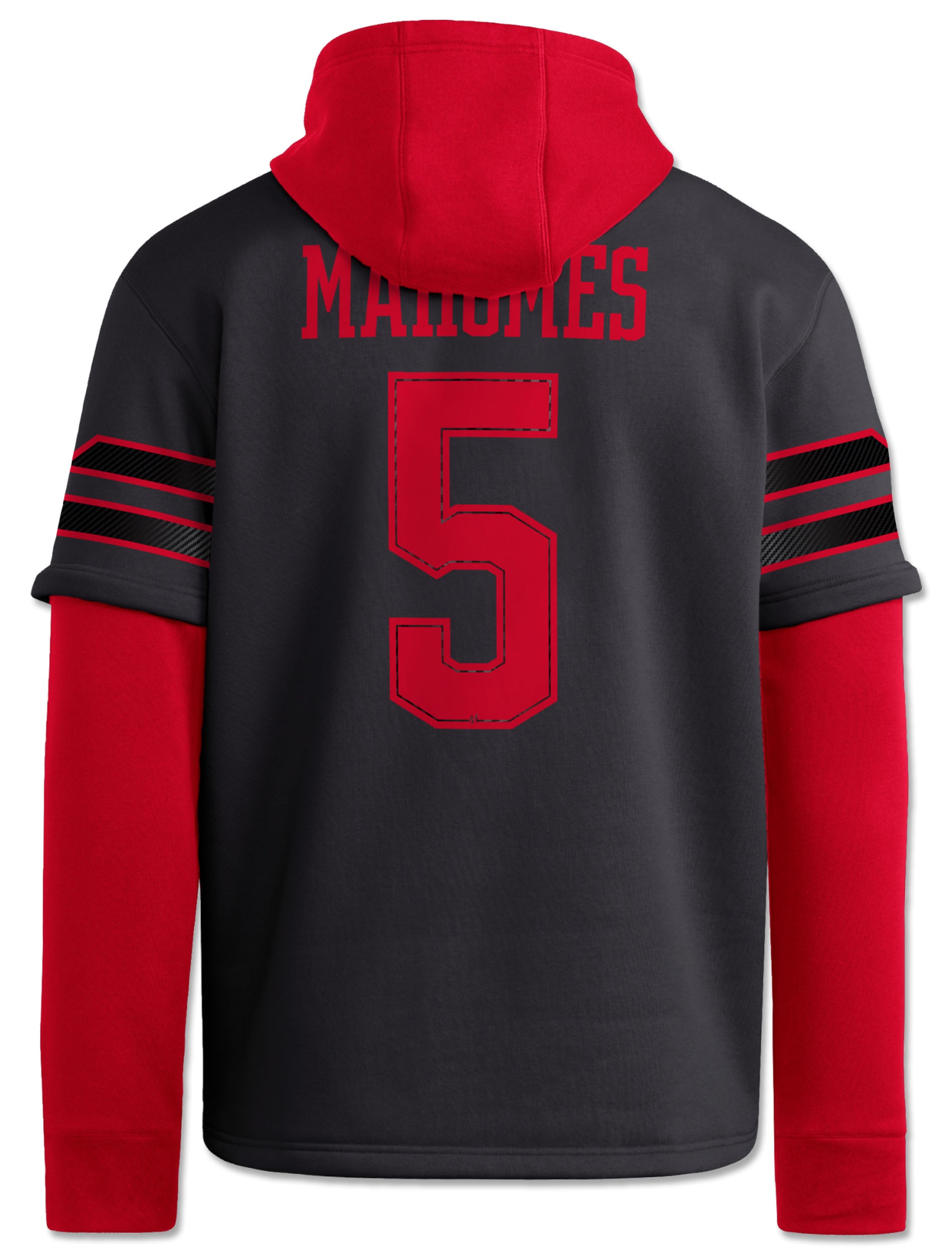 Back of the black Texas Tech hooded jersey with MAHOMES arched in red above a second number 5, and red and carbon stripes on the upper sleeves