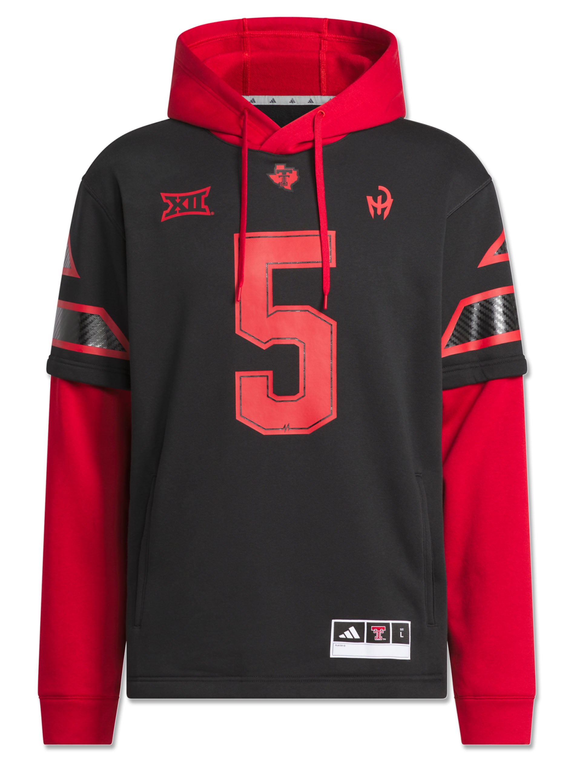 Front of the black Texas Tech hooded jersey with a red number 5 at the chest, a red hood and red lower sleeves, and the Big 12 mark and Mahomes Gladiator logo at the chest