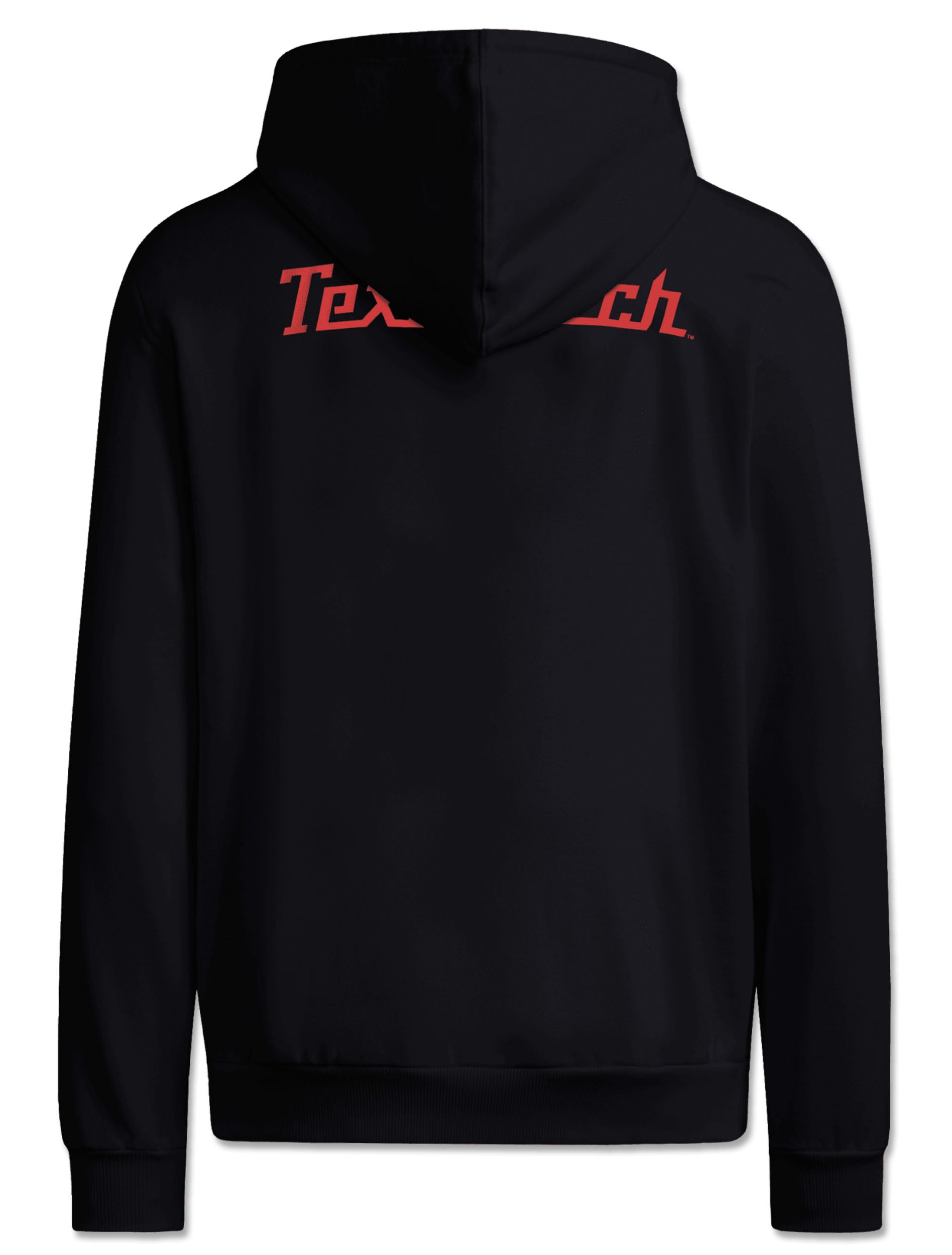 Back of the black Texas Tech hoodie with Texas Tech in red script arched high across the shoulders