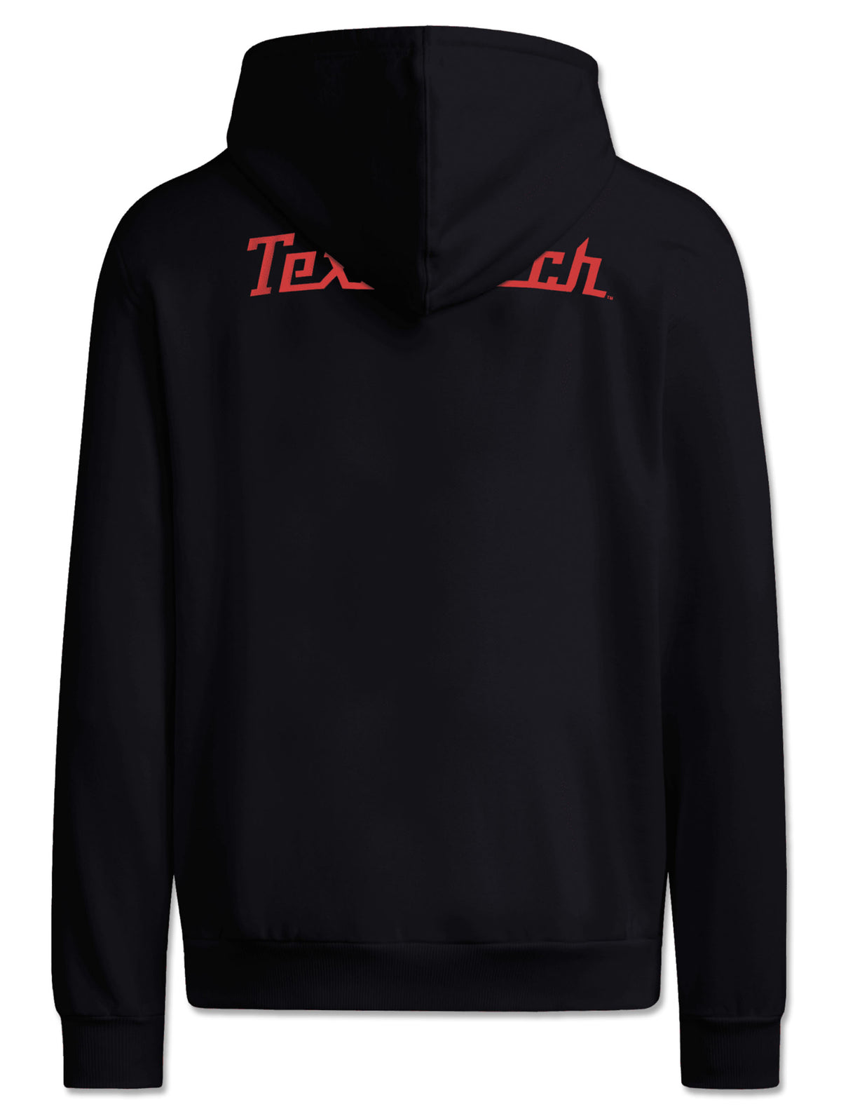Back of the black Texas Tech hoodie with Texas Tech in red script arched high across the shoulders