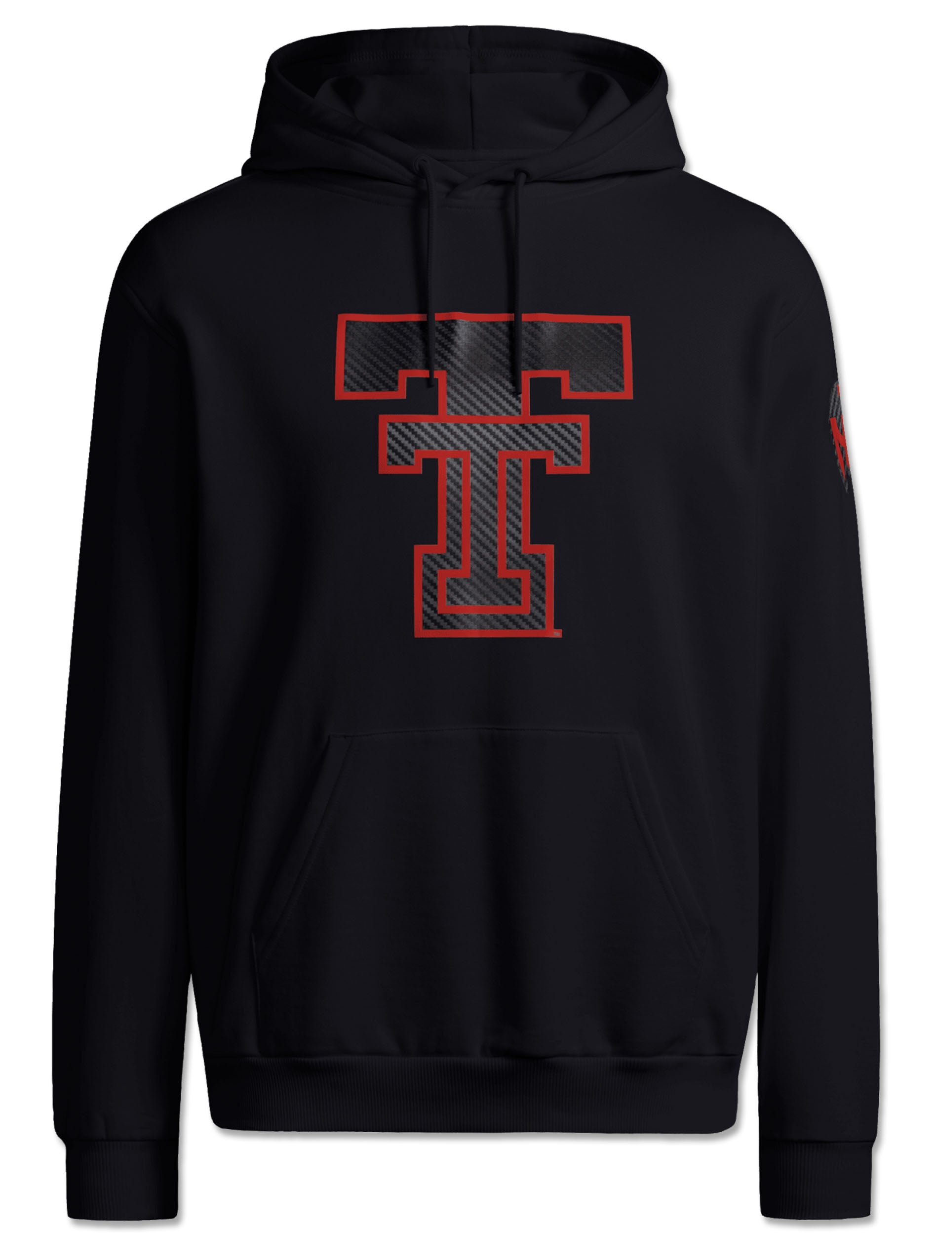 Front of the black Texas Tech hoodie with a large Double T at the chest in a carbon texture with a red outline, the Mahomes Gladiator logo at the left sleeve, and a kangaroo pocket