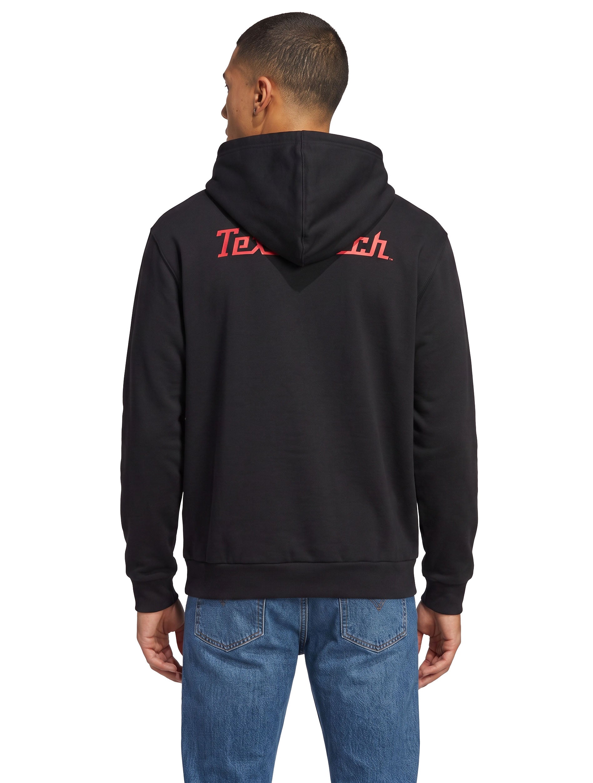 Model seen from behind in the black Texas Tech hoodie, showing Texas Tech in red script across the shoulders