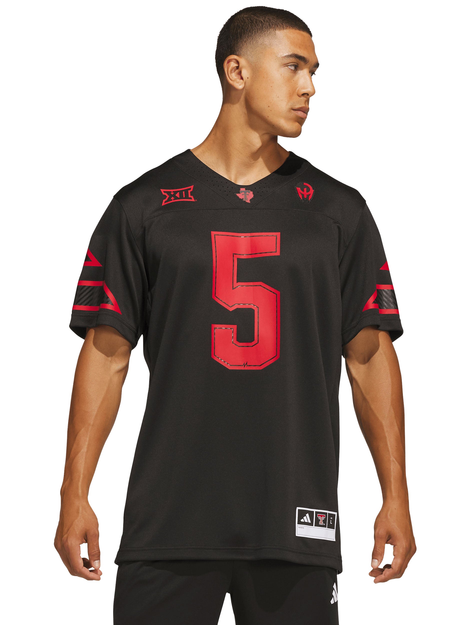 Model wearing the black Texas Tech Mahomes jersey, front view with the red number 5 on the chest