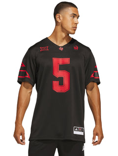Model wearing the black Texas Tech Mahomes jersey, front view with the red number 5 on the chest