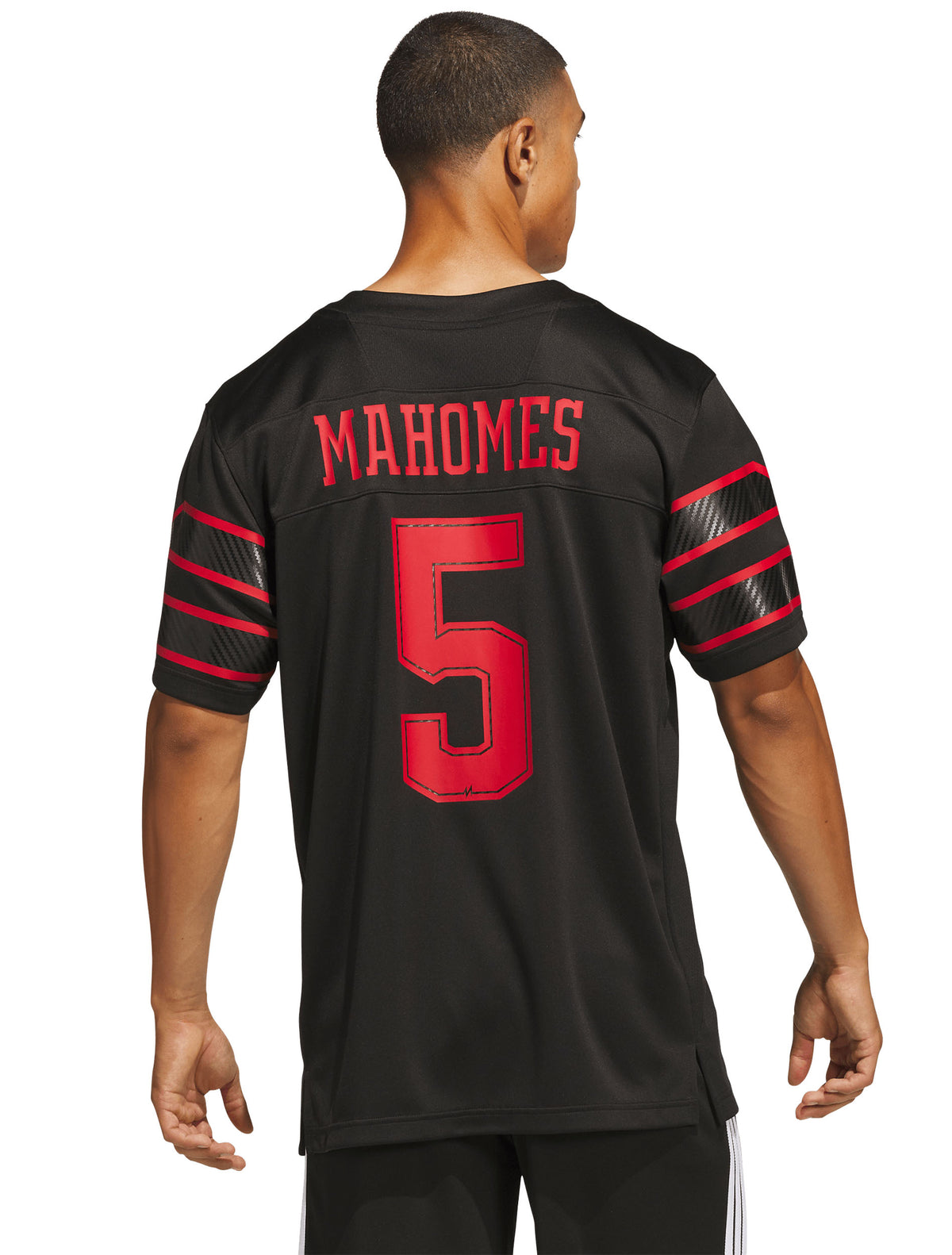 Model wearing the black Texas Tech Mahomes jersey, back view showing MAHOMES and the number 5