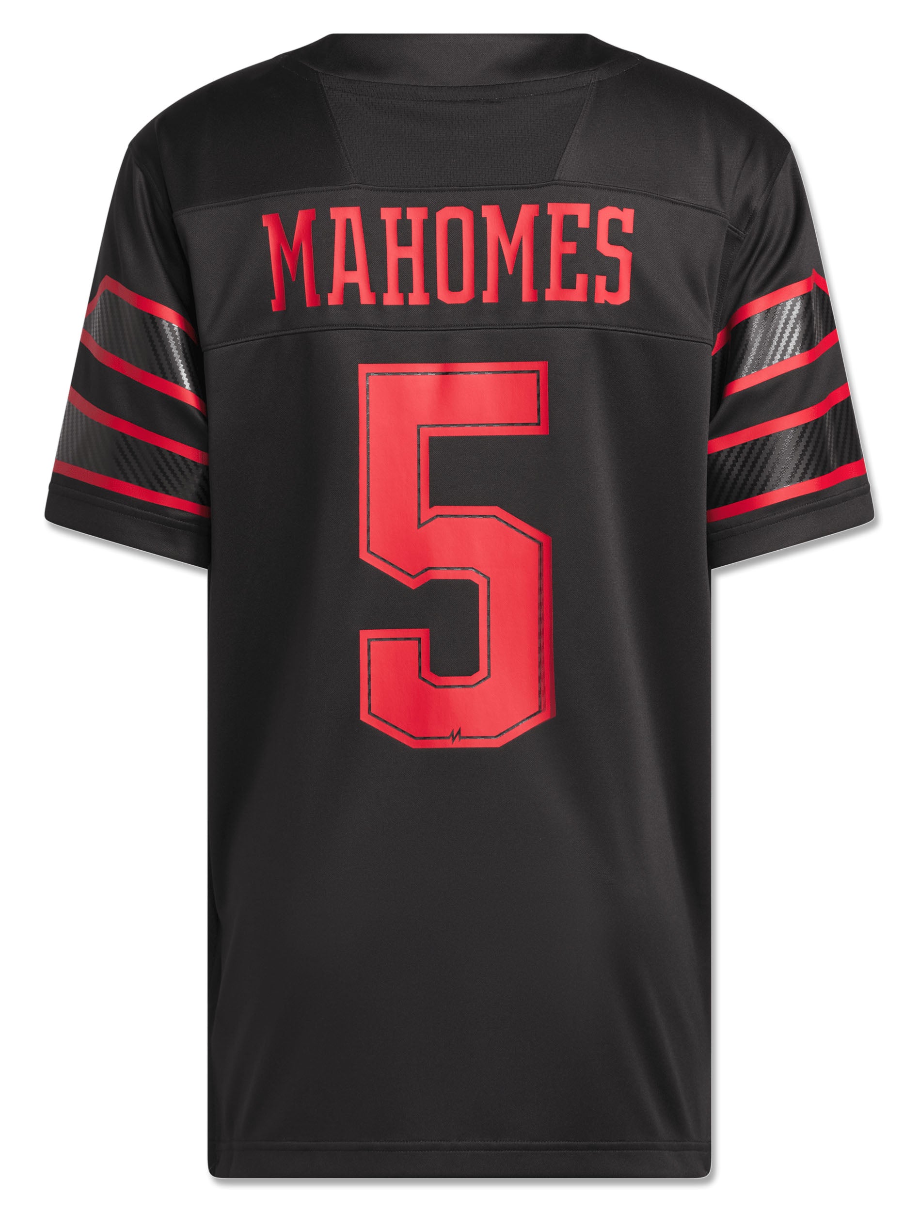 Back of the black Texas Tech Mahomes jersey with MAHOMES arched in red above the number 5