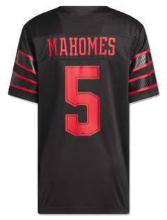 Back of the black Texas Tech Mahomes jersey with MAHOMES arched in red above the number 5