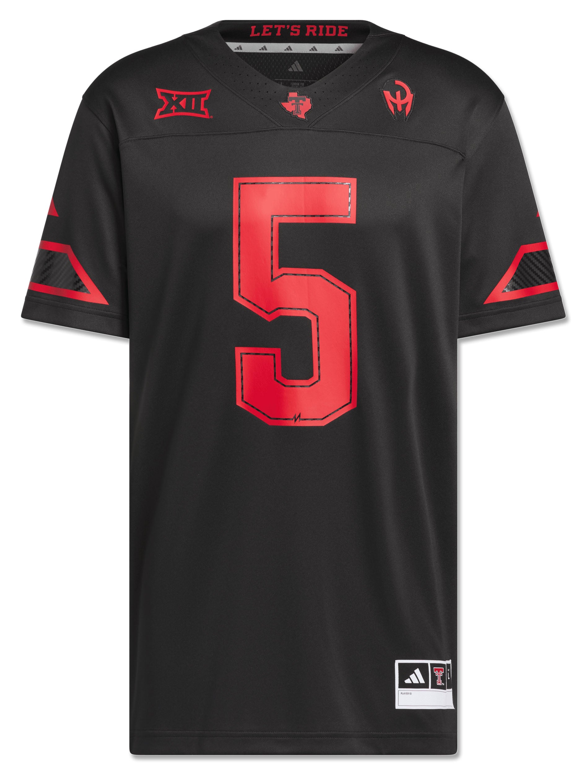 Front of the black Texas Tech Mahomes jersey with a red number 5, the Big 12 mark and the Mahomes Gladiator logo at the chest