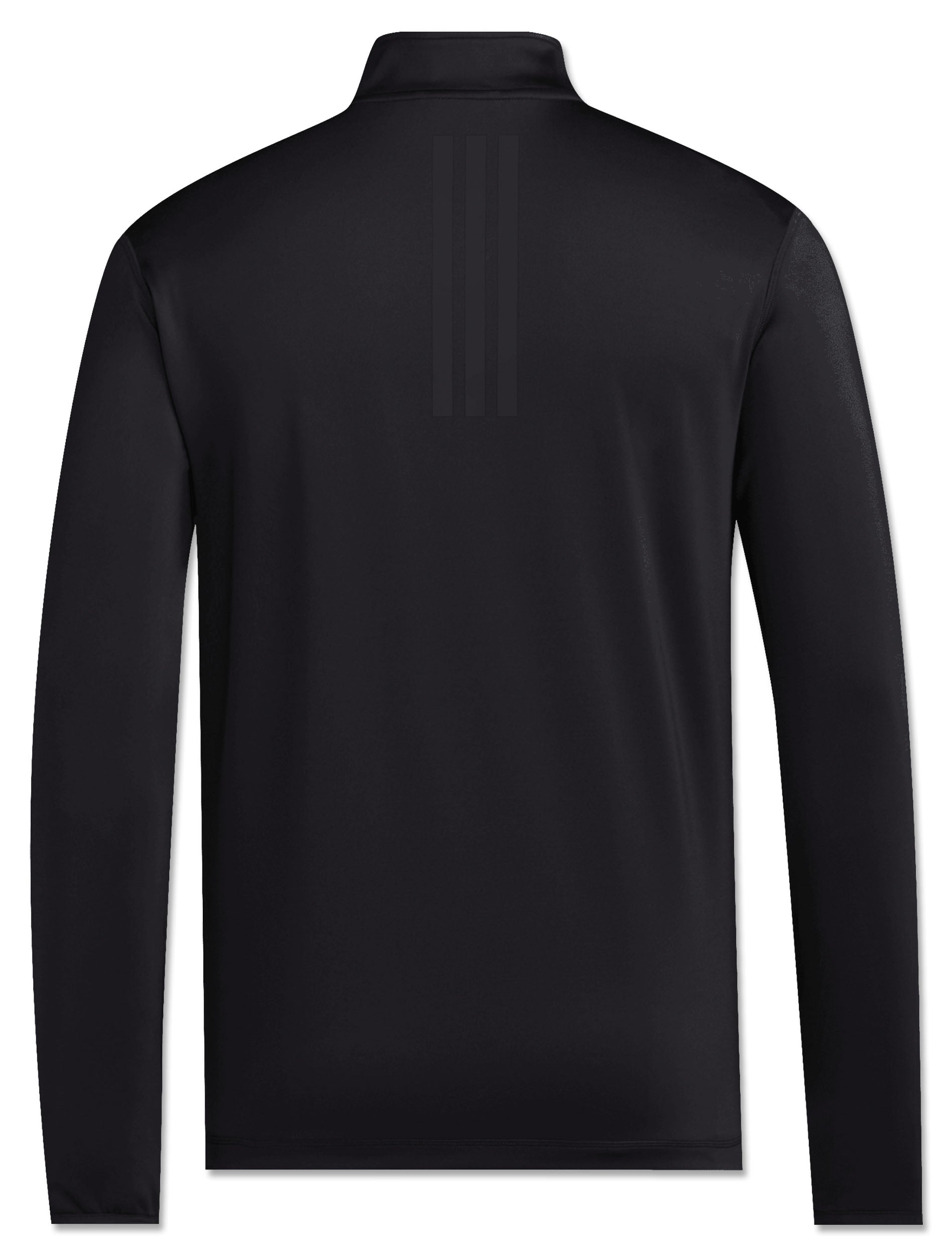 Back of the black long sleeve quarter zip showing the tonal adidas 3-Stripes below the stand collar