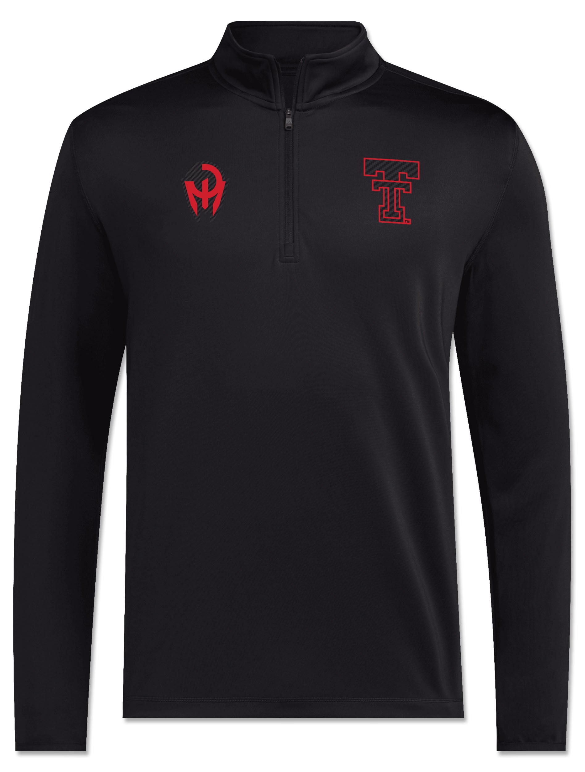 Black Texas Tech long sleeve quarter zip with the Mahomes Gladiator logo on the right chest and the Double T on the left, both in red over a tonal diagonal texture