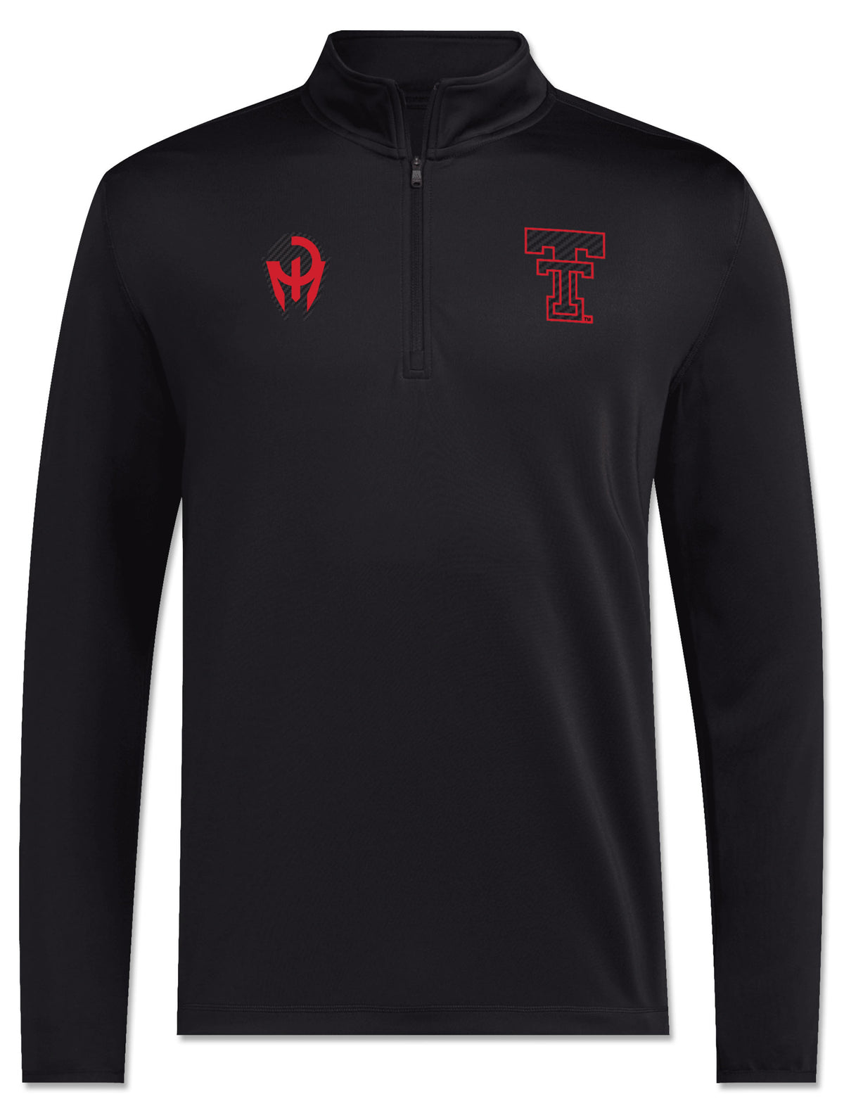 Black Texas Tech long sleeve quarter zip with the Mahomes Gladiator logo on the right chest and the Double T on the left, both in red over a tonal diagonal texture