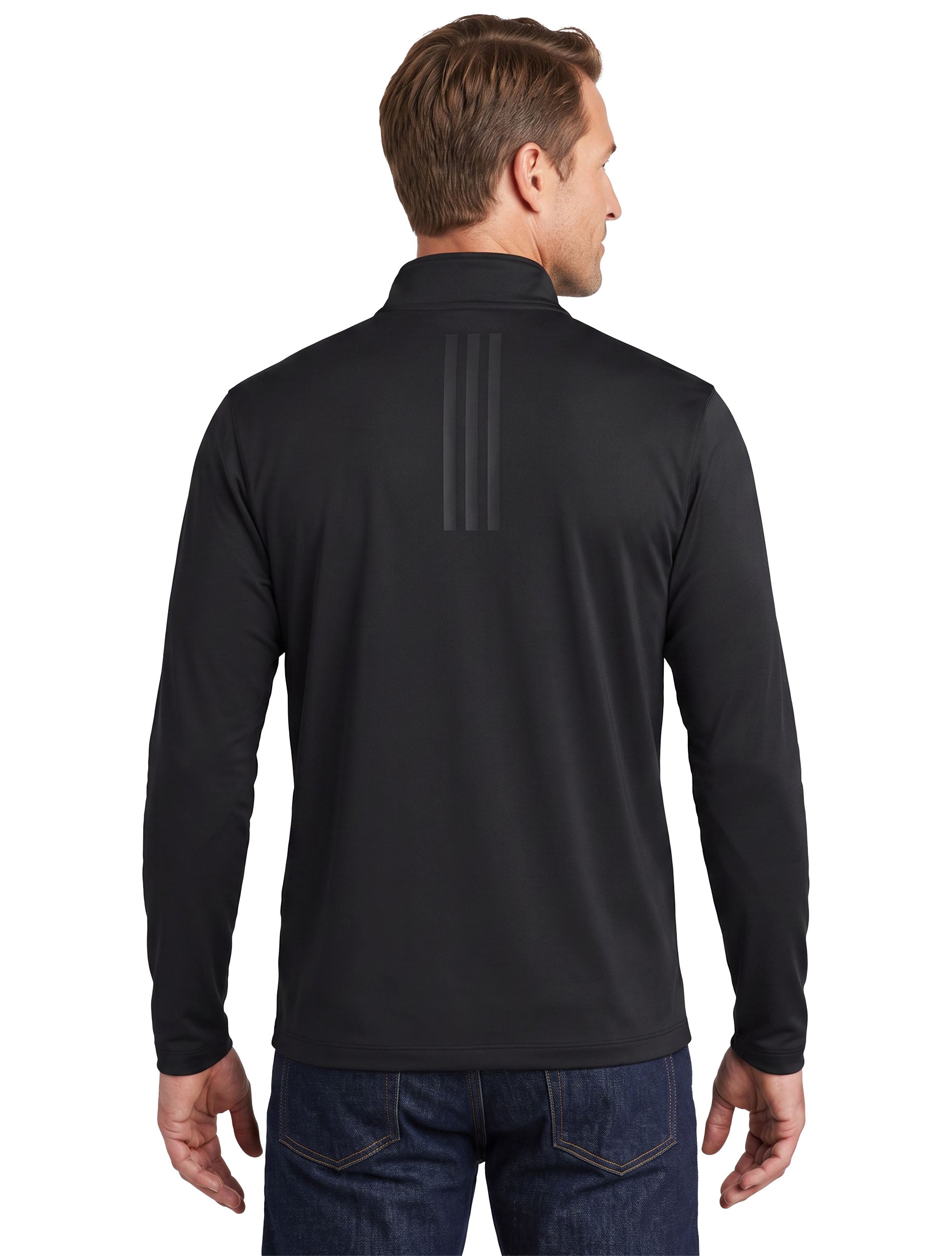 Model wearing the black Texas Tech long sleeve quarter zip, back view showing the tonal adidas 3-Stripes below the collar