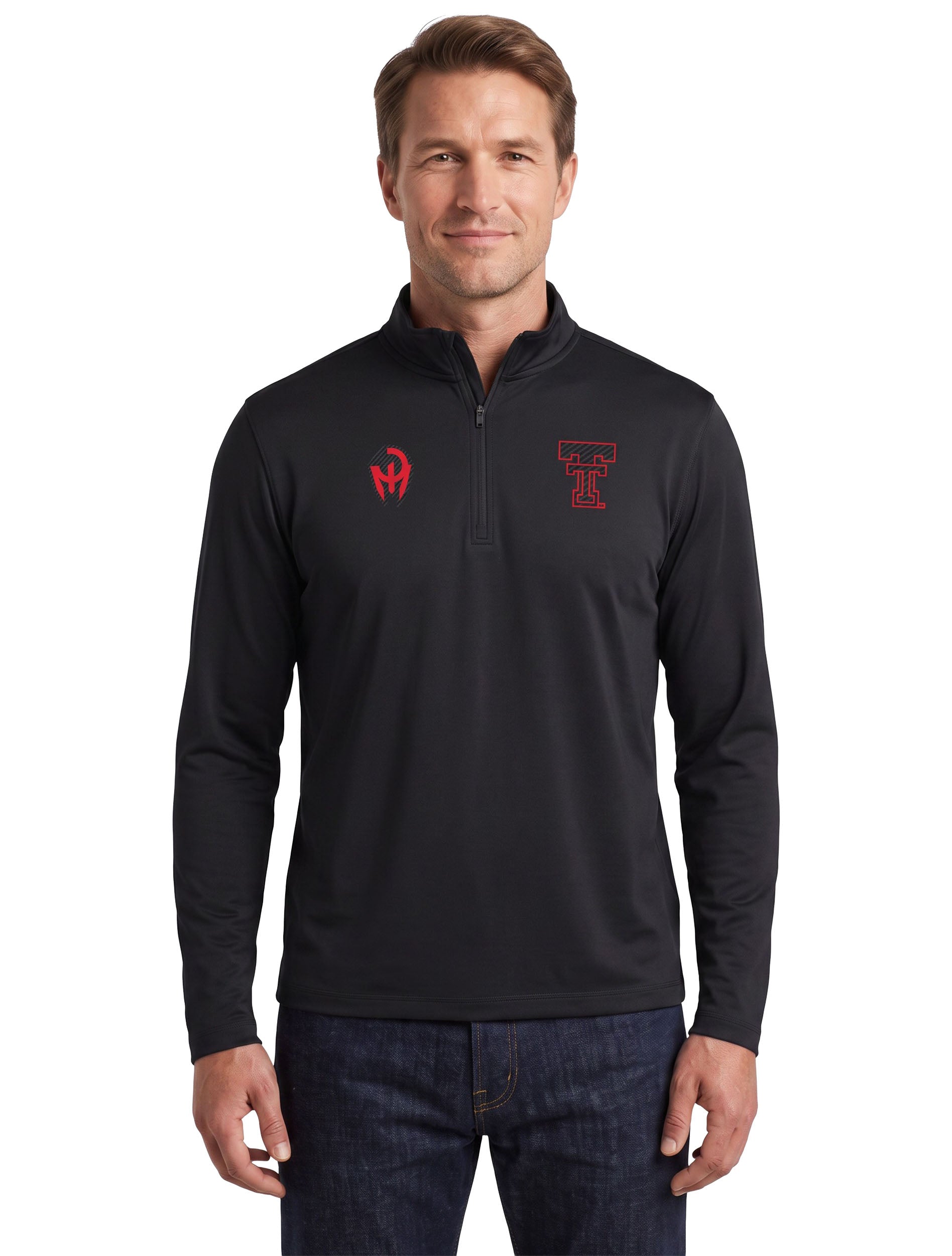 Model wearing the black Texas Tech long sleeve quarter zip, front view with the Mahomes Gladiator logo and Double T at the chest