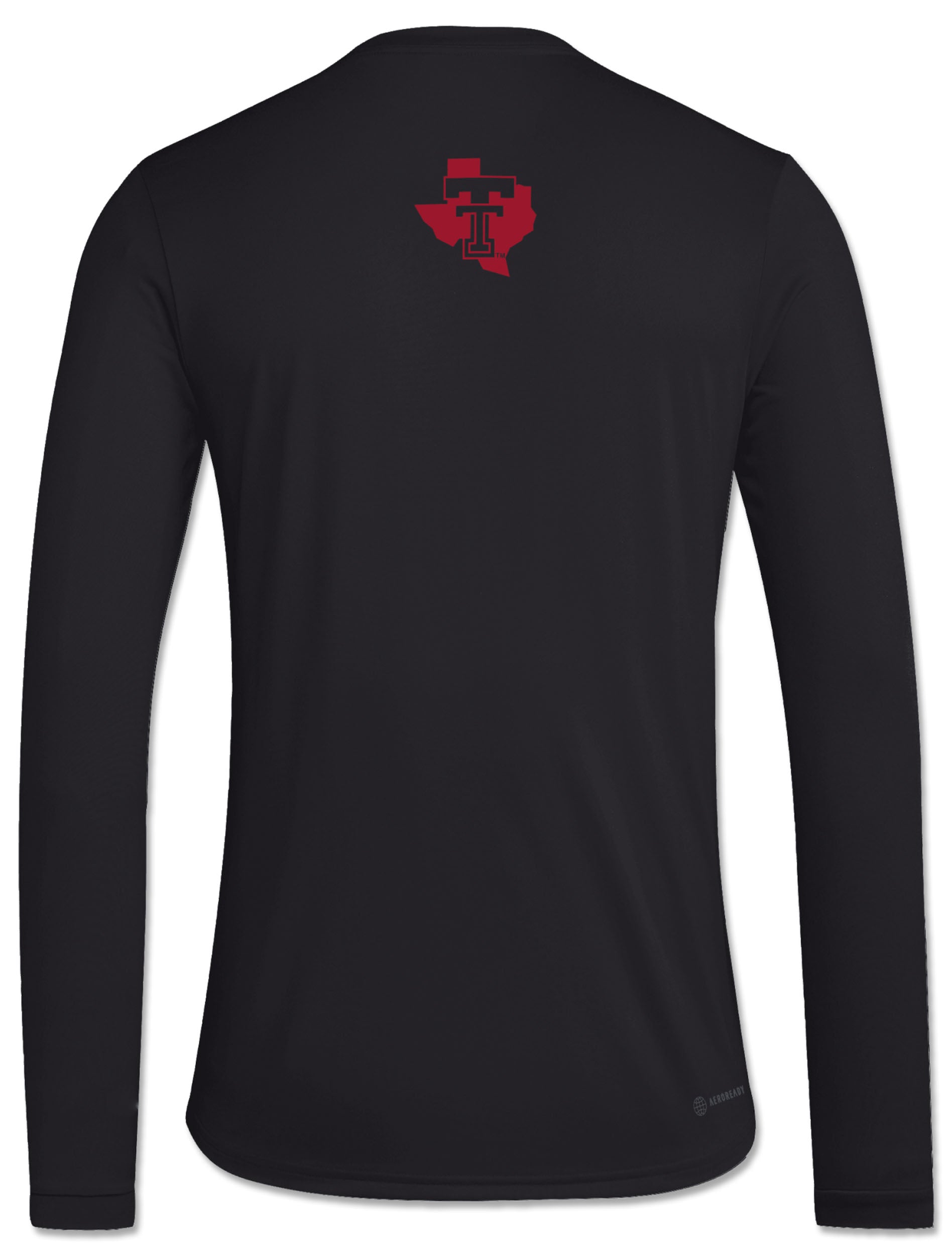 Back of the black Texas Tech long sleeve t-shirt with the Lone Star Pride logo in red below the collar