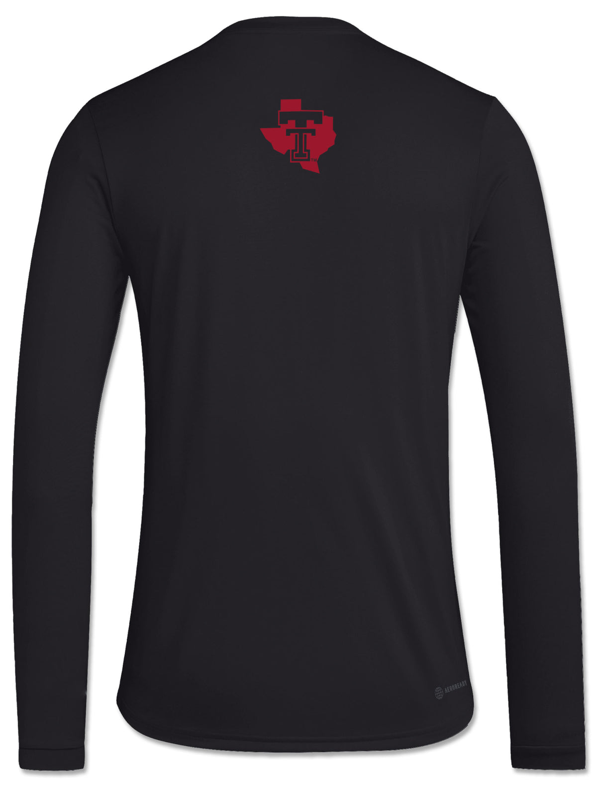 Back of the black Texas Tech long sleeve t-shirt with the Lone Star Pride logo in red below the collar