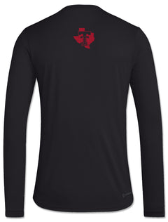 Back of the black Texas Tech long sleeve t-shirt with the Lone Star Pride logo in red below the collar