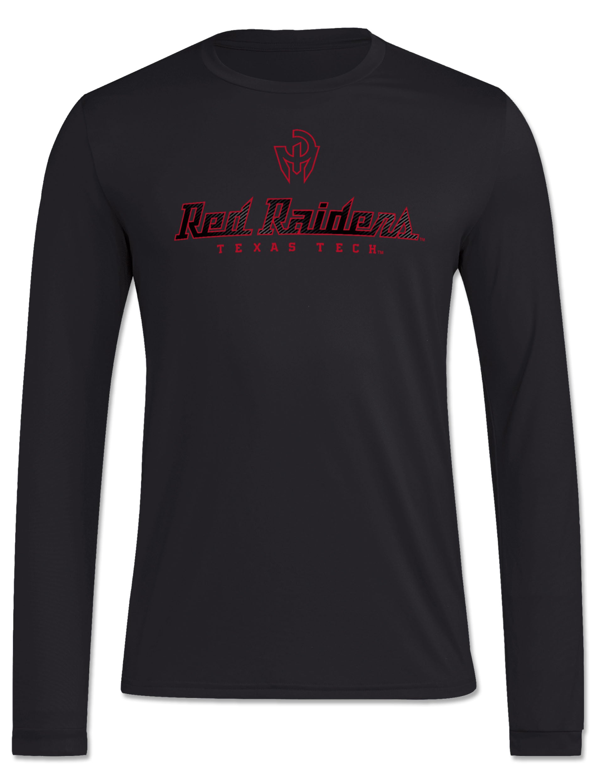 Front of the black Texas Tech long sleeve t-shirt with the Mahomes Gladiator logo above RED RAIDERS in a carbon textured script and TEXAS TECH beneath
