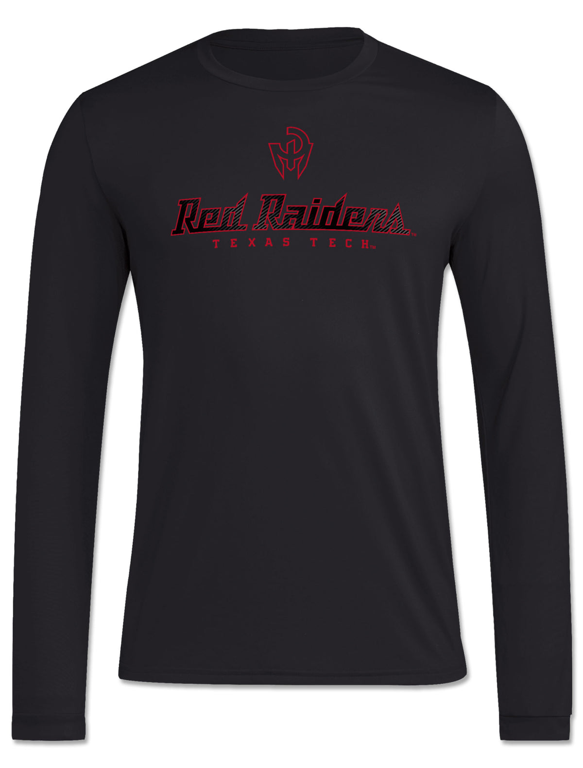 Front of the black Texas Tech long sleeve t-shirt with the Mahomes Gladiator logo above RED RAIDERS in a carbon textured script and TEXAS TECH beneath