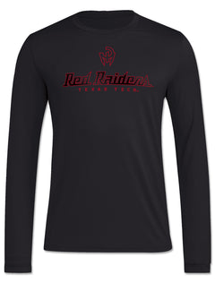 Front of the black Texas Tech long sleeve t-shirt with the Mahomes Gladiator logo above RED RAIDERS in a carbon textured script and TEXAS TECH beneath