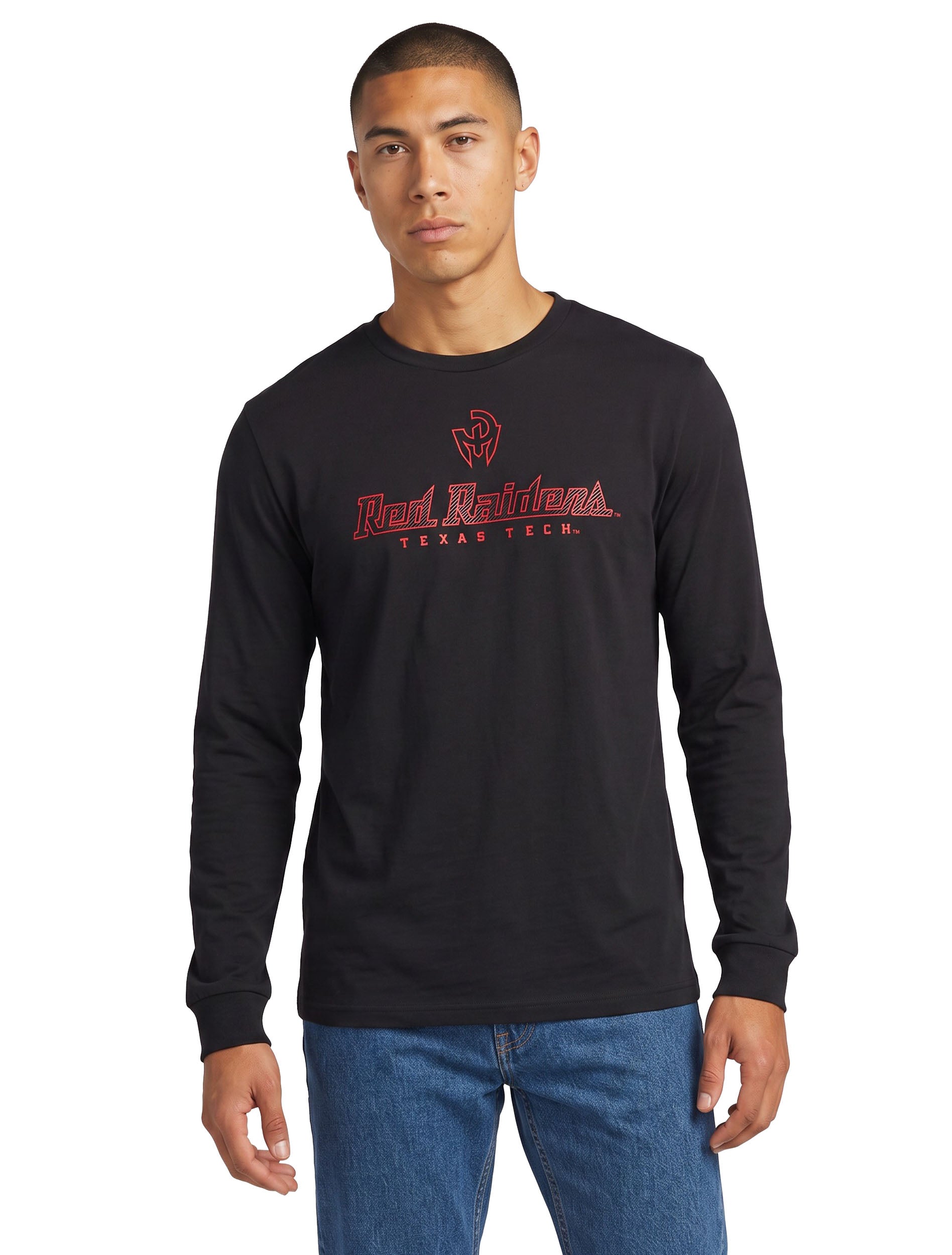 Model wearing the black Texas Tech long sleeve t-shirt with RED RAIDERS across the chest in a carbon textured script, styled with denim
