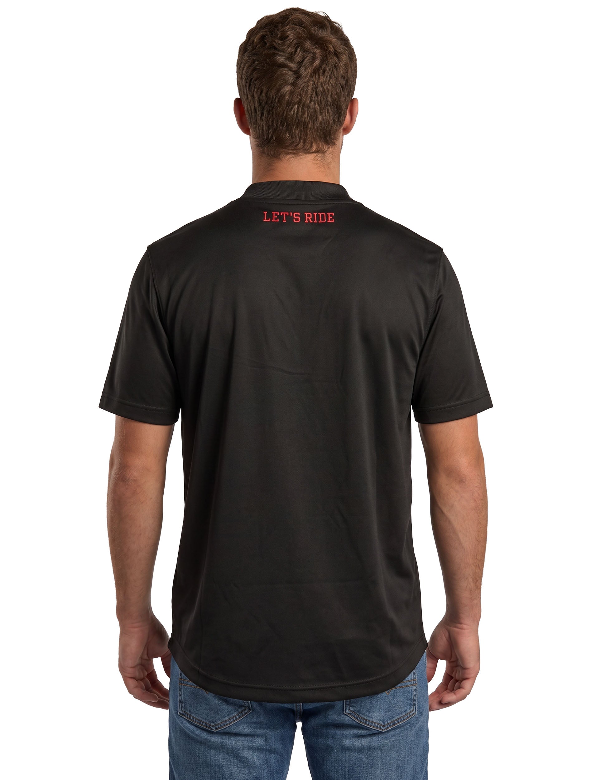 Model seen from behind in the black Texas Tech short sleeve quarter zip, showing LET'S RIDE arched in red across the upper back