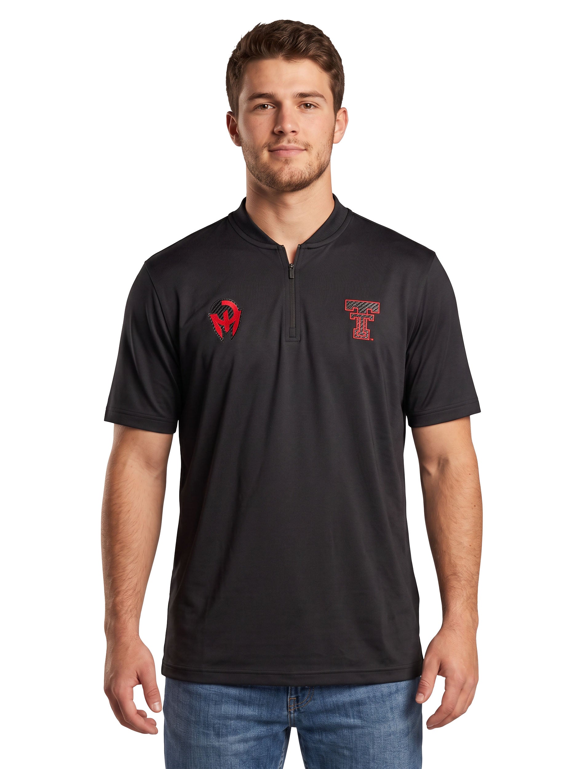 Model wearing the black Texas Tech short sleeve quarter zip, worn open at the collar with the Mahomes Gladiator logo on the right chest and the Double T on the left