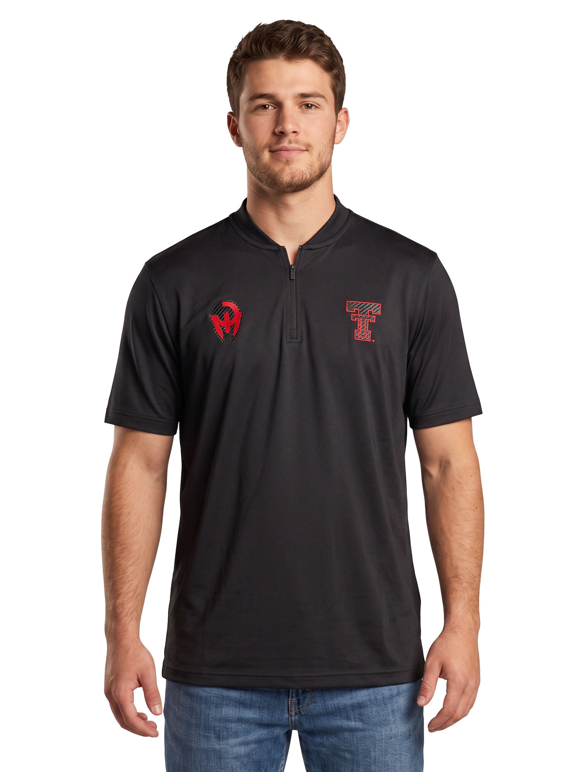 Model wearing the black Texas Tech short sleeve quarter zip, worn open at the collar with the Mahomes Gladiator logo on the right chest and the Double T on the left